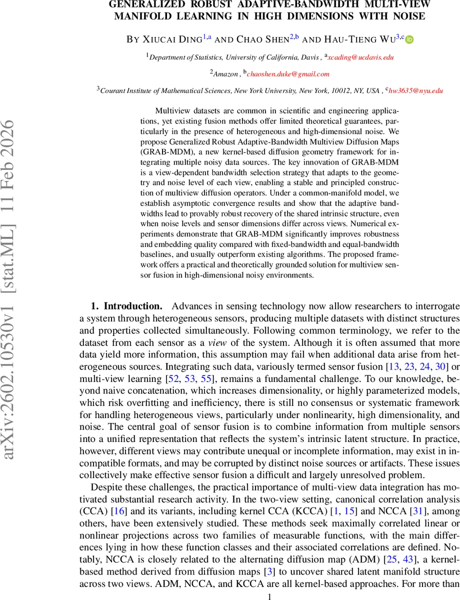 Generalized Robust Adaptive-Bandwidth Multi-View Manifold Learning in High Dimensions with Noise
