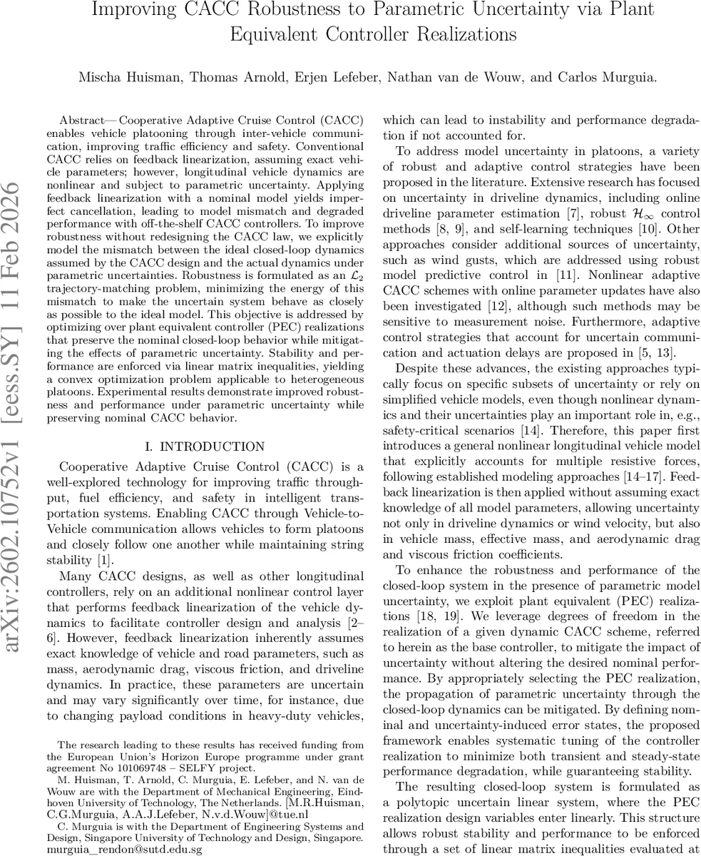 Improving CACC Robustness to Parametric Uncertainty via Plant Equivalent Controller Realizations