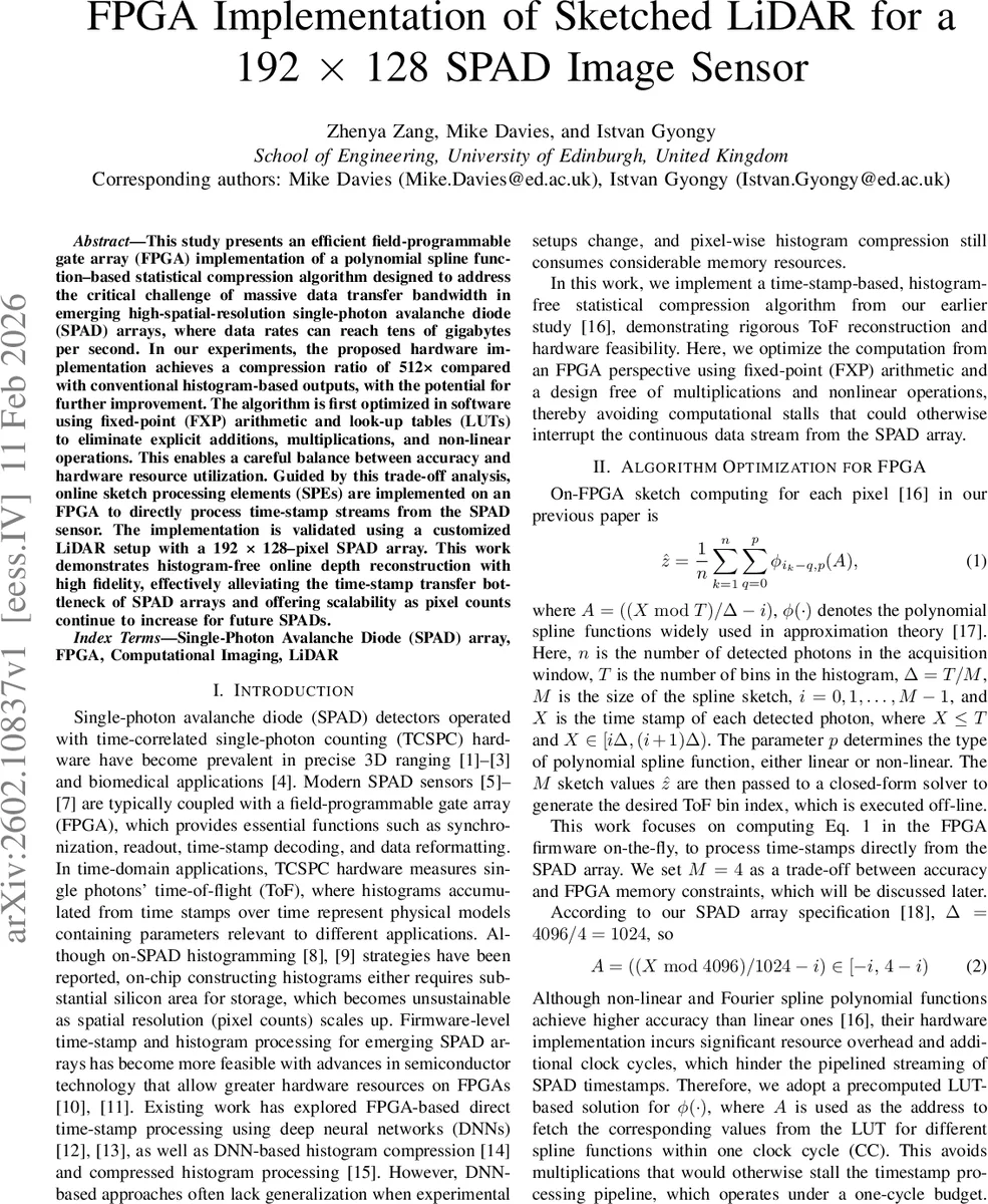 FPGA Implementation of Sketched LiDAR for a 192 x 128 SPAD Image Sensor