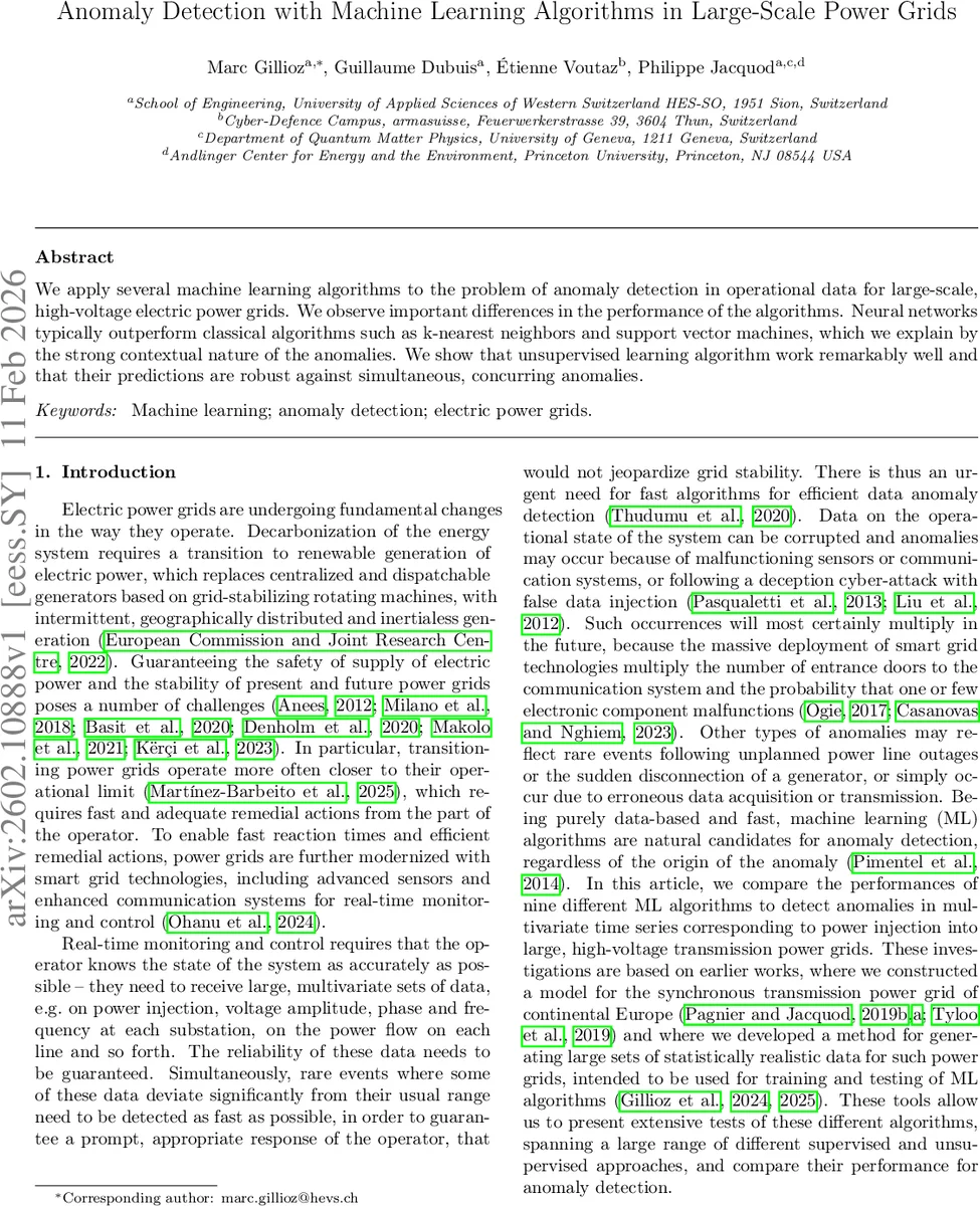 Anomaly Detection with Machine Learning Algorithms in Large-Scale Power Grids
