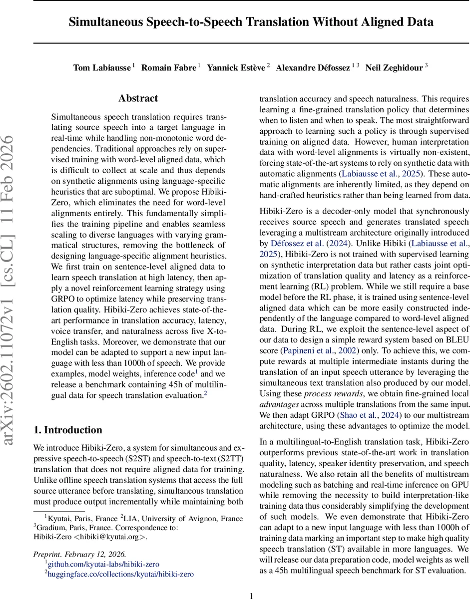 Simultaneous Speech-to-Speech Translation Without Aligned Data
