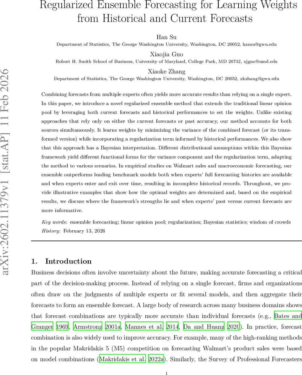 Regularized Ensemble Forecasting for Learning Weights from Historical and Current Forecasts
