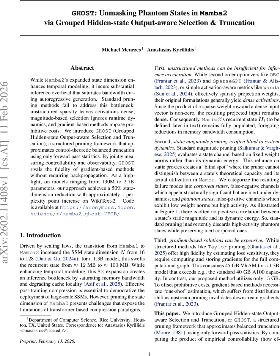 GHOST: Unmasking Phantom States in Mamba2 via Grouped Hidden-state Output-aware Selection & Truncation