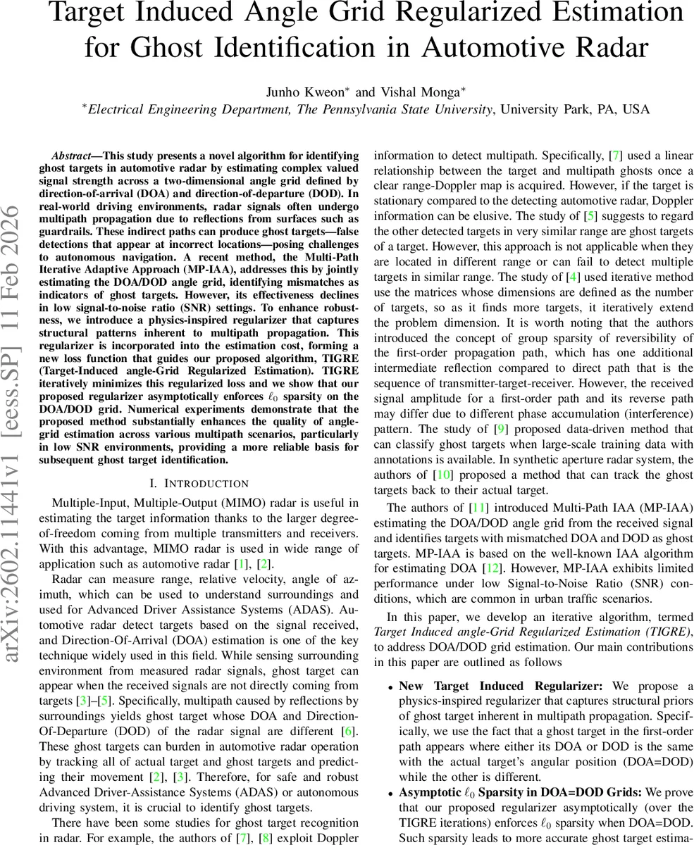 Target Induced Angle Grid Regularized Estimation for Ghost Identification in Automotive Radar