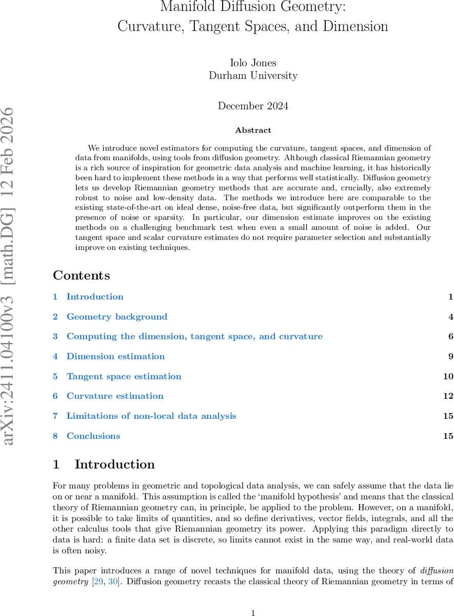 Manifold Diffusion Geometry: Curvature, Tangent Spaces, and Dimension