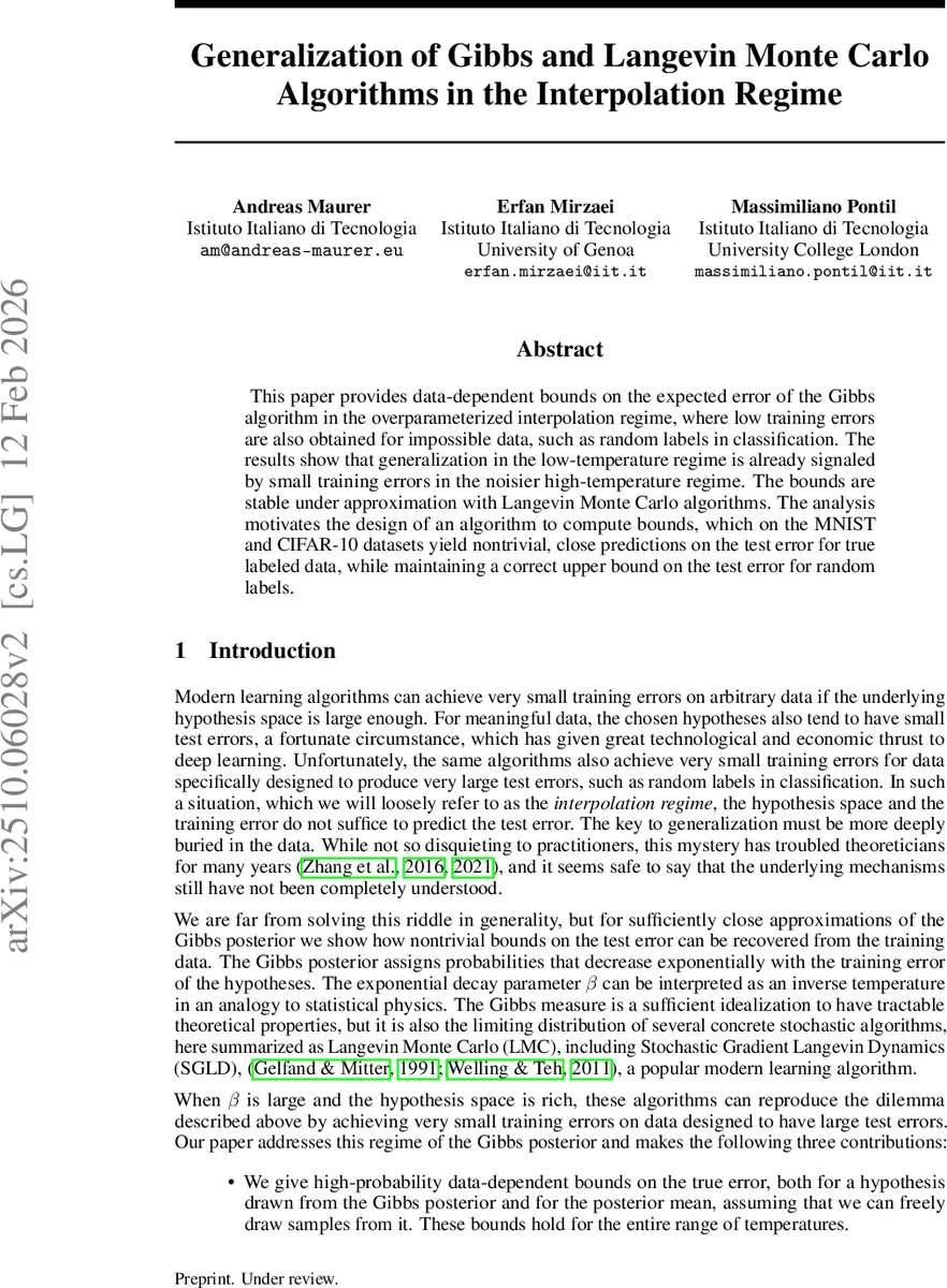Generalization of Gibbs and Langevin Monte Carlo Algorithms in the Interpolation Regime