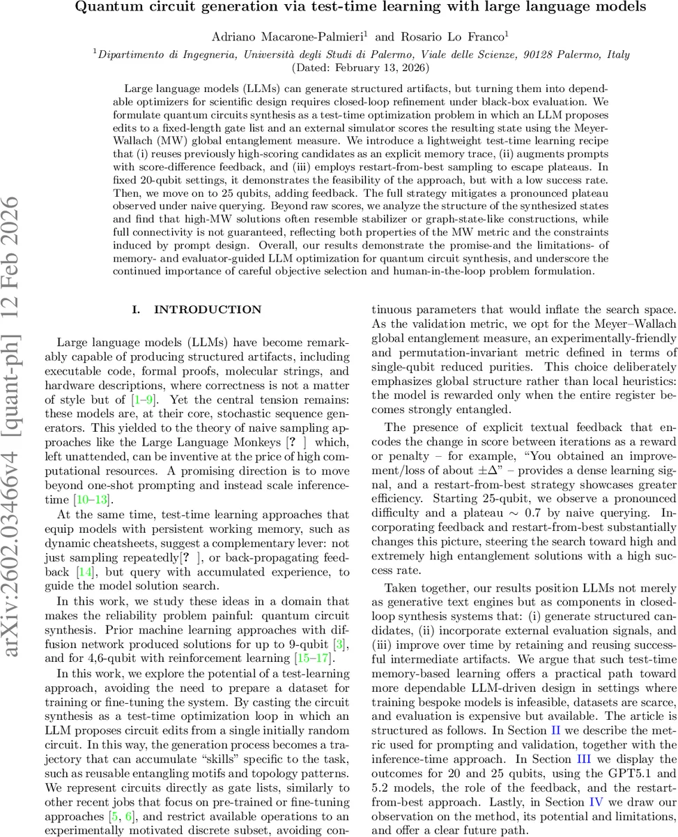Quantum Circuit Generation via test-time learning with large language models
