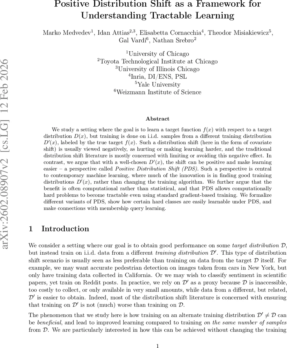 Positive Distribution Shift as a Framework for Understanding Tractable Learning