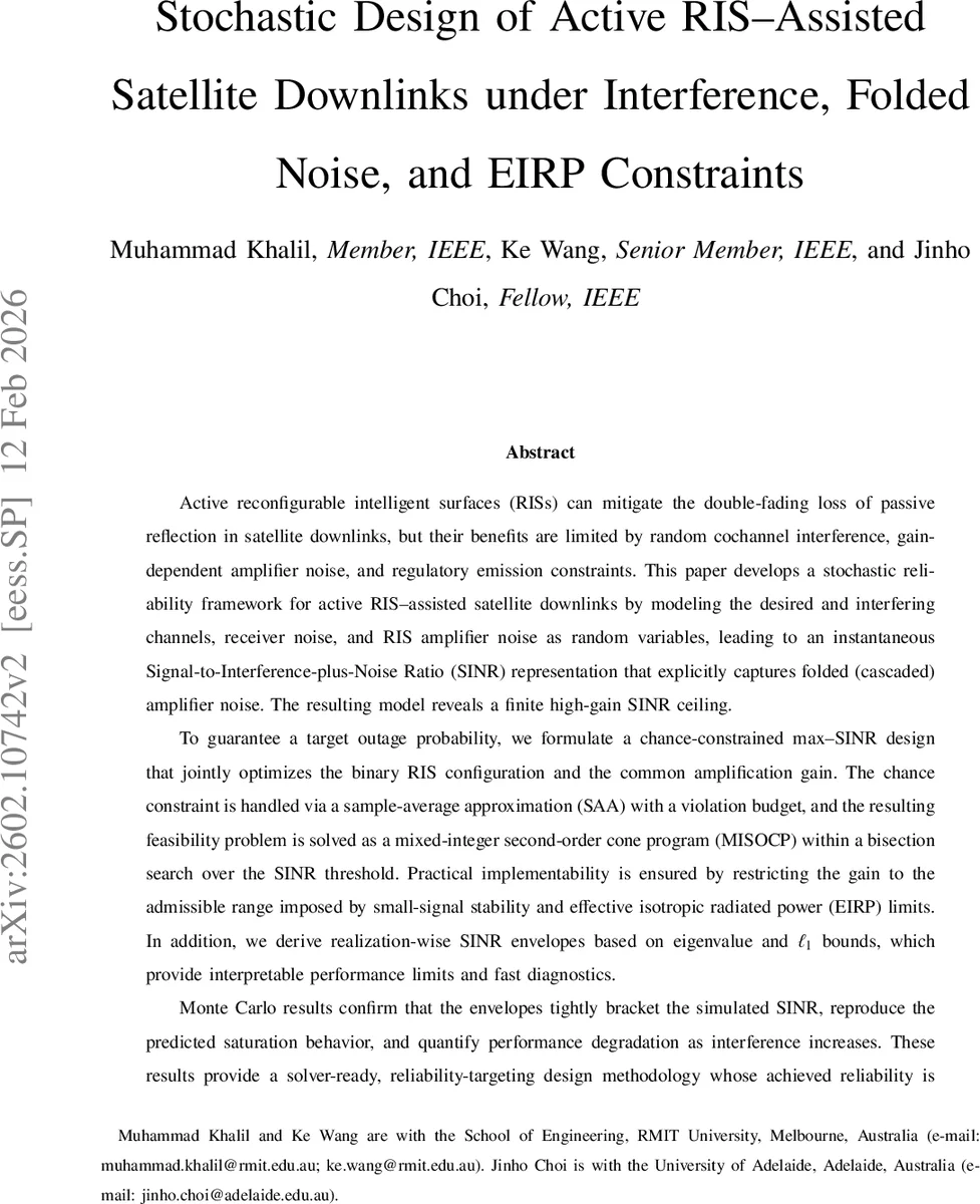 Stochastic Design of Active RIS-Assisted Satellite Downlinks under Interference, Folded Noise, and EIRP Constraints