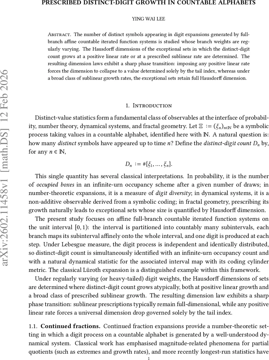 Prescribed distinct-digit growth in countable alphabets