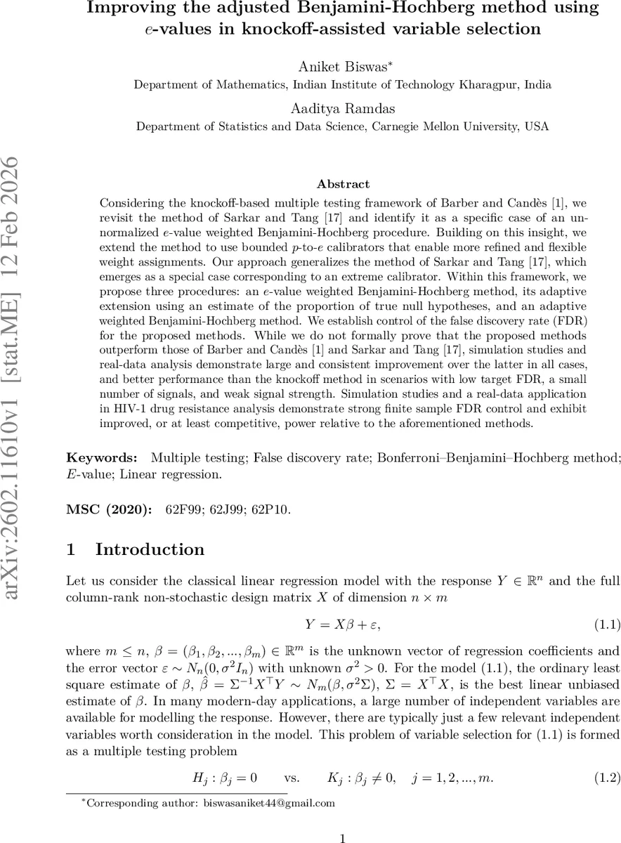 Improving the adjusted Benjamini--Hochberg method using e-values in knockoff-assisted variable selection