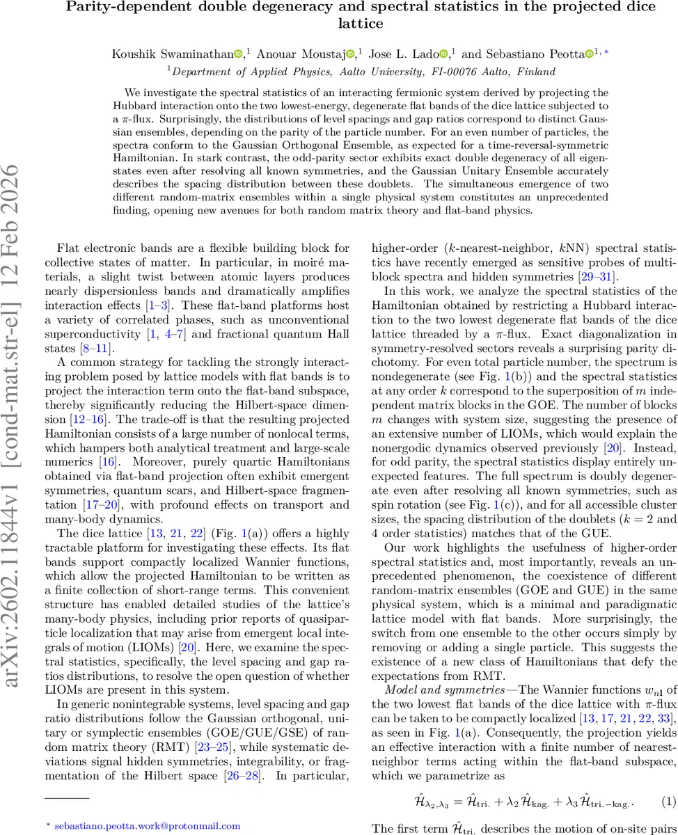 Parity-dependent double degeneracy and spectral statistics in the projected dice lattice