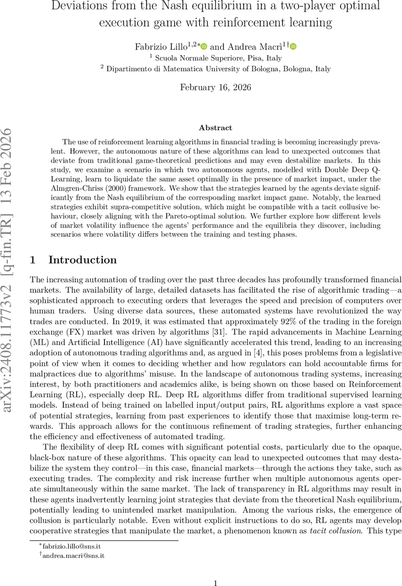Deviations from the Nash equilibrium in a two-player optimal execution game with reinforcement learning