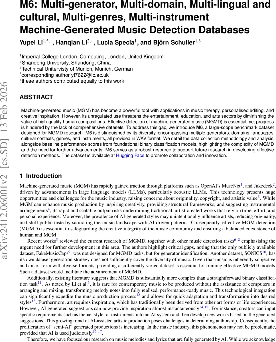 M6: Multi-generator, Multi-domain, Multi-lingual and cultural, Multi-genres, Multi-instrument Machine-Generated Music Detection Databases