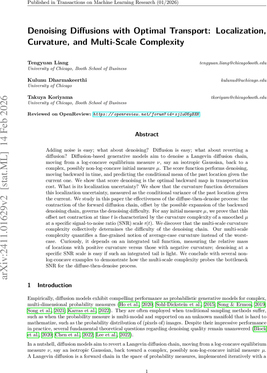 Denoising Diffusions with Optimal Transport: Localization, Curvature, and Multi-Scale Complexity