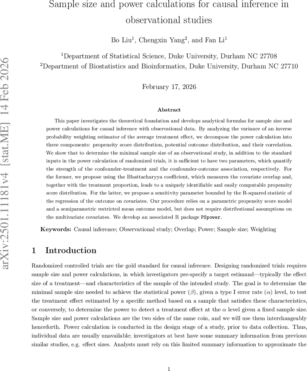 Sample size and power calculations for causal inference of observational studies