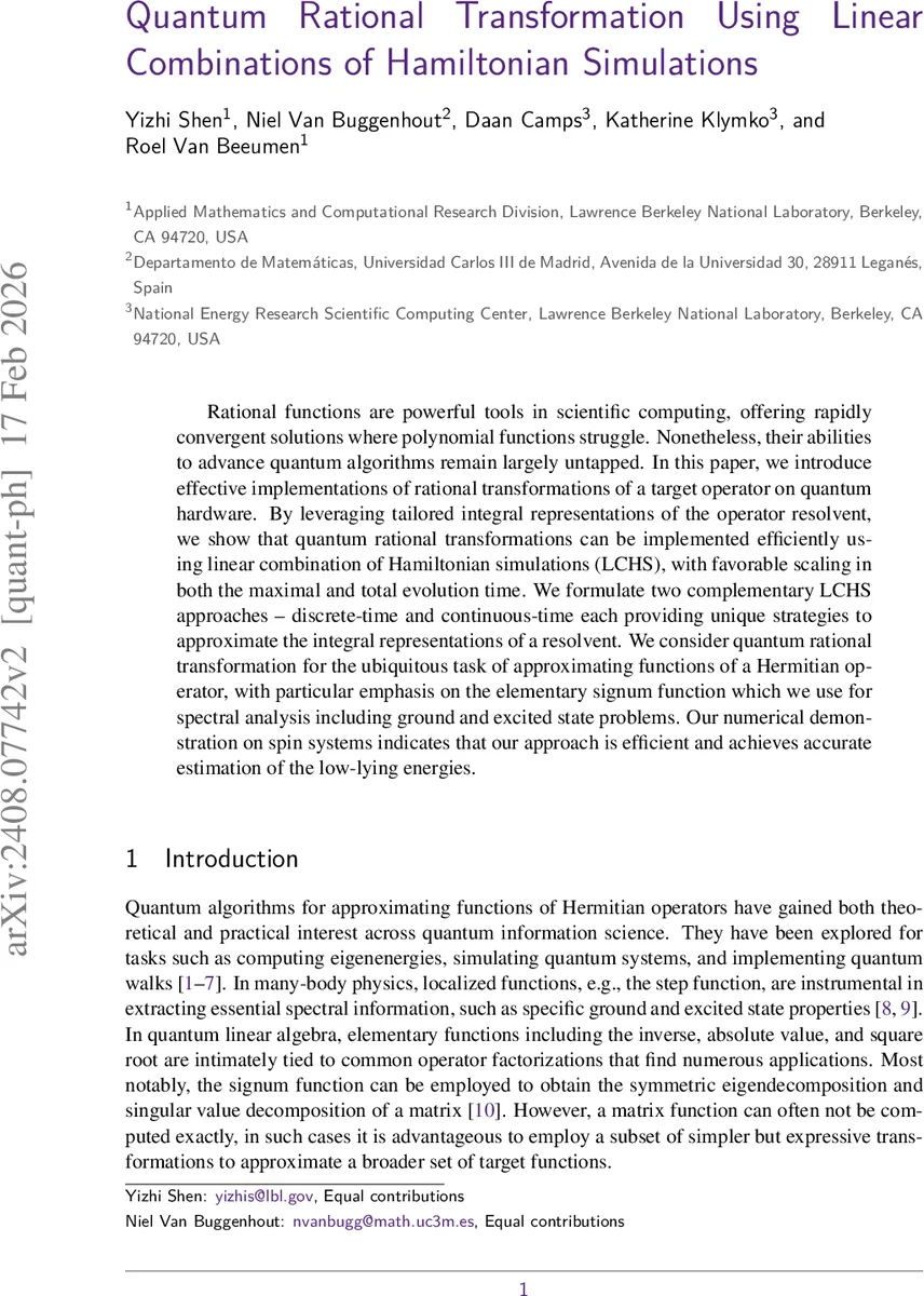 Quantum Rational Transformation Using Linear Combinations of Hamiltonian Simulations