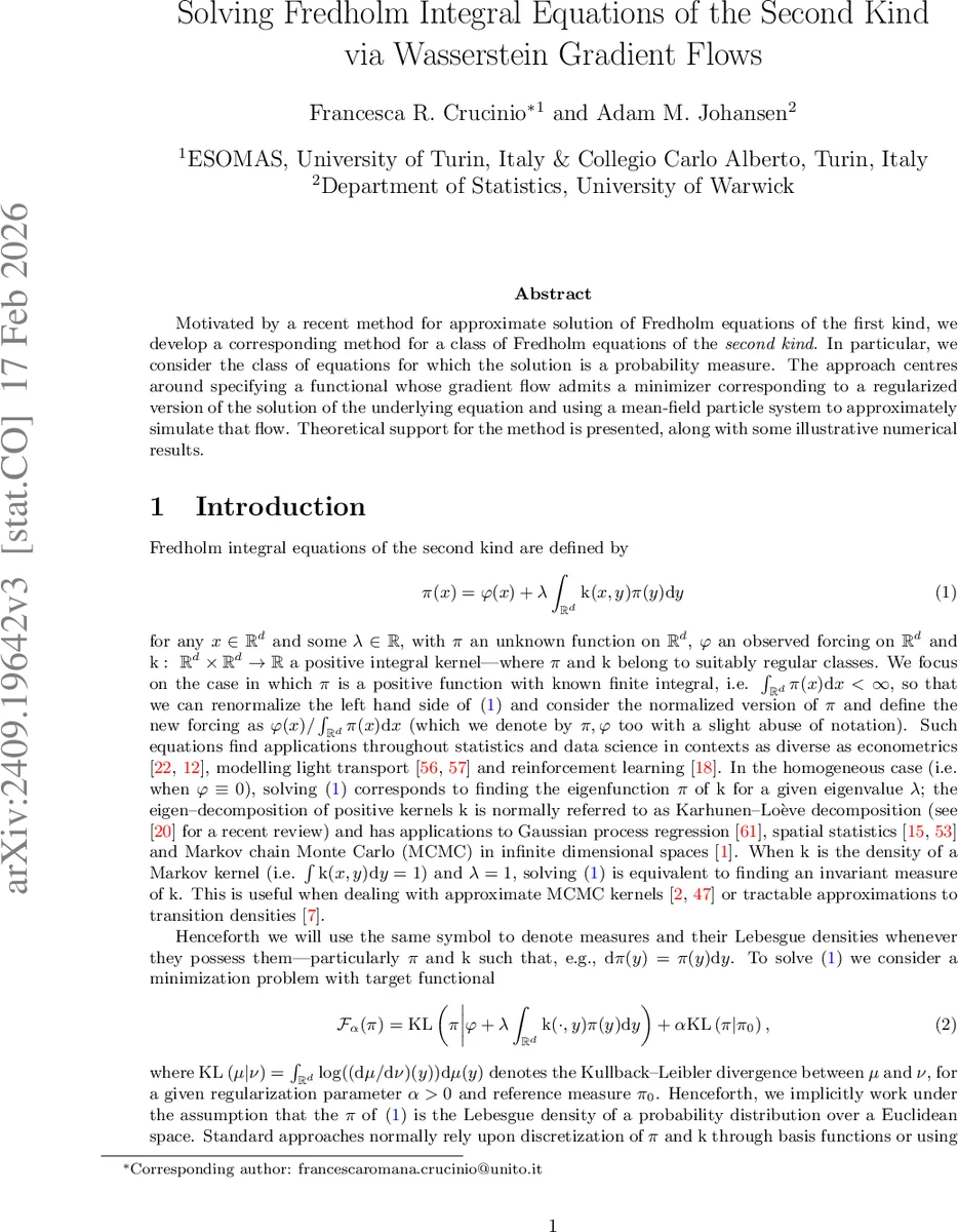 Solving Fredholm Integral Equations of the Second Kind via Wasserstein Gradient Flows