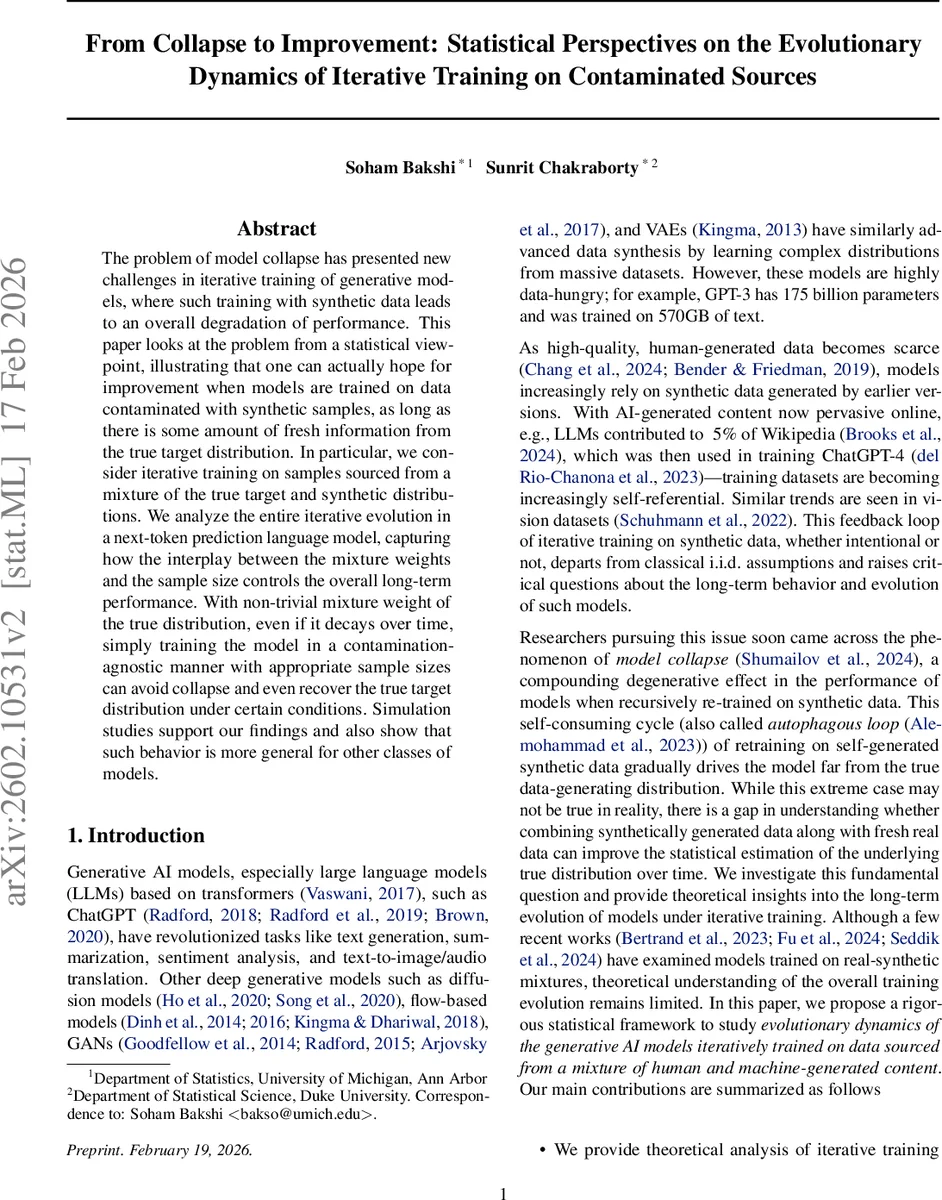 From Collapse to Improvement: Statistical Perspectives on the Evolutionary Dynamics of Iterative Training on Contaminated Sources