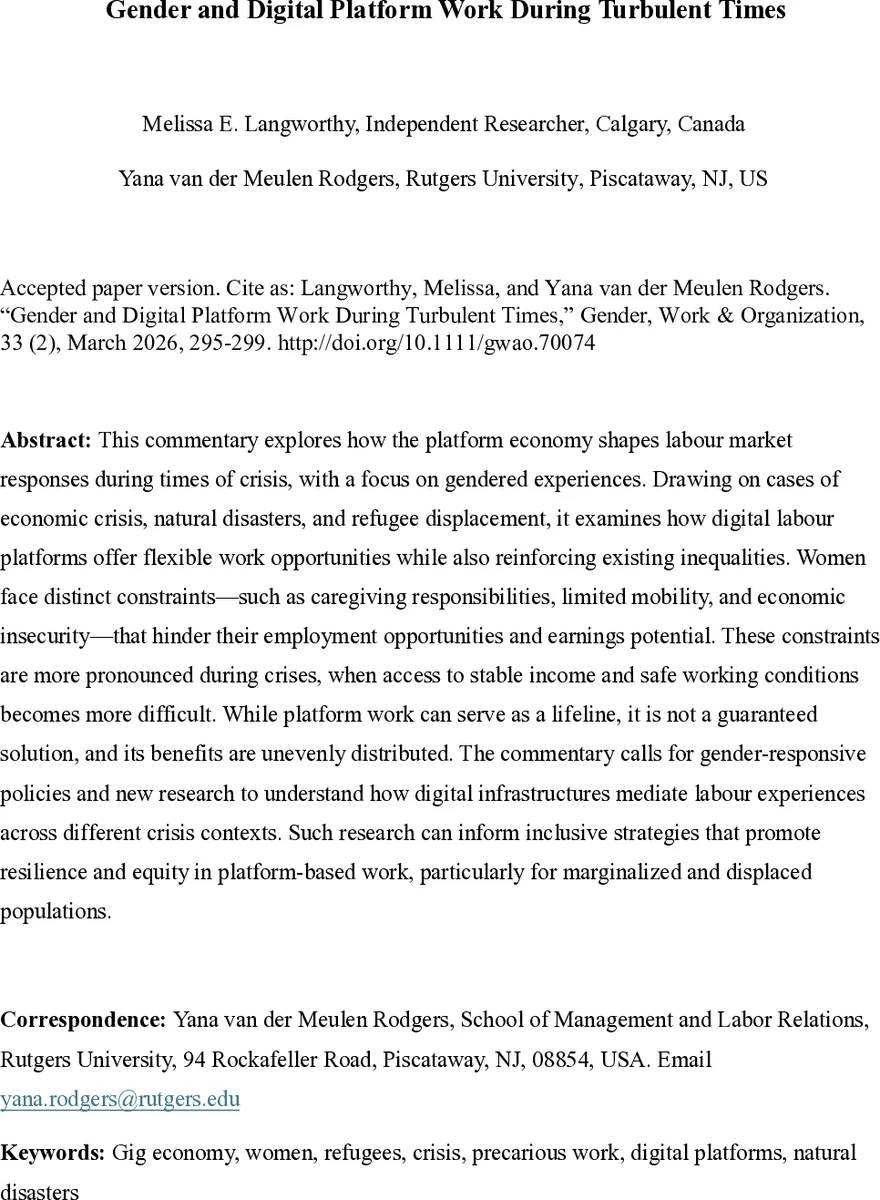 Gender and Digital Platform Work During Turbulent Times