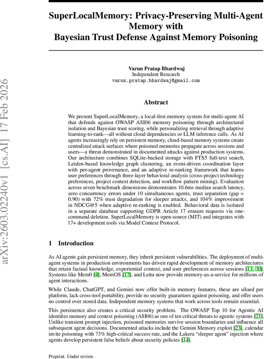 SuperLocalMemory: Privacy-Preserving Multi-Agent Memory with Bayesian Trust Defense Against Memory Poisoning