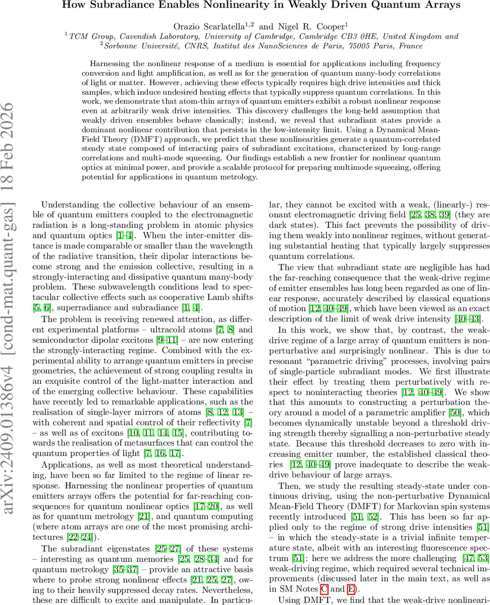 How Subradiance Enables Nonlinearity in Weakly Driven Quantum Arrays