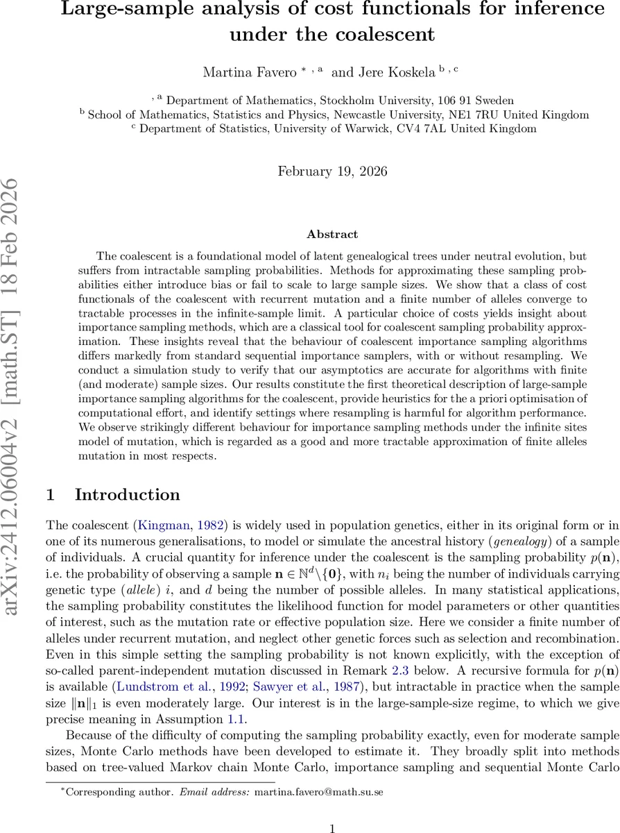 Large-sample analysis of cost functionals for inference under the coalescent