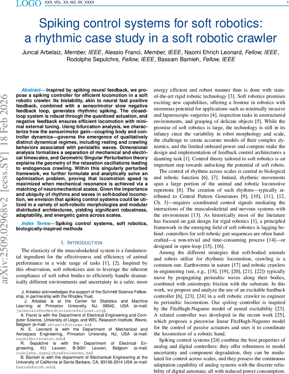 Spiking control systems for soft robotics: a rhythmic case study in a soft robotic crawler