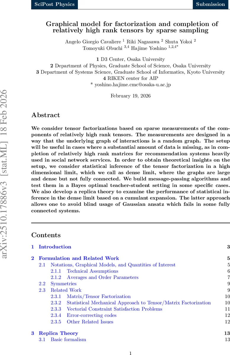 Graphical model for factorization and completion of relatively high rank tensors by sparse sampling