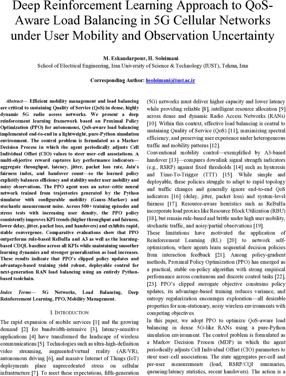 Deep Reinforcement Learning Approach to QoSAware Load Balancing in 5G Cellular Networks under User Mobility and Observation Uncertainty
