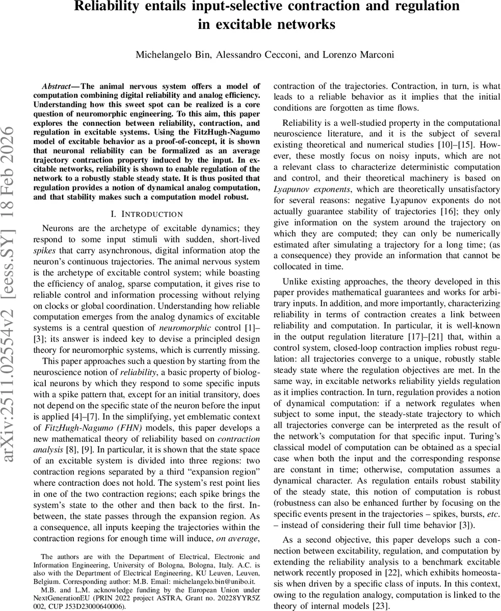 Reliability entails input-selective contraction and regulation in excitable networks