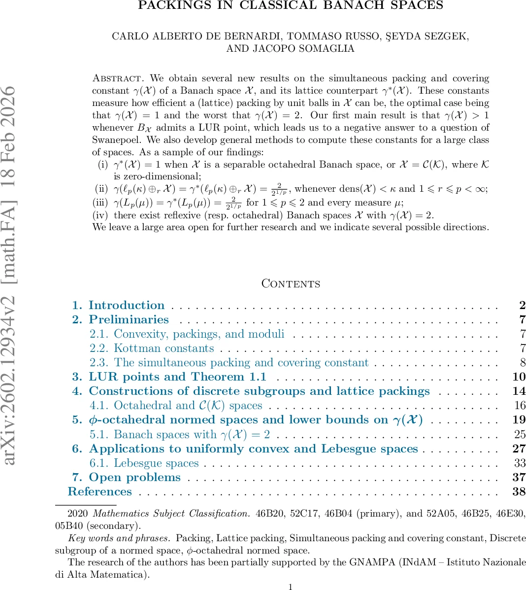 Packings in classical Banach spaces