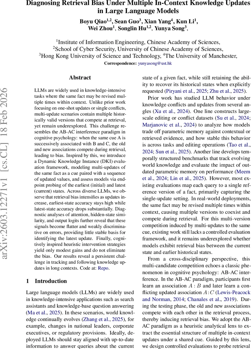 Diagnosing Retrieval Bias Under Multiple In-Context Knowledge Updates in Large Language Models