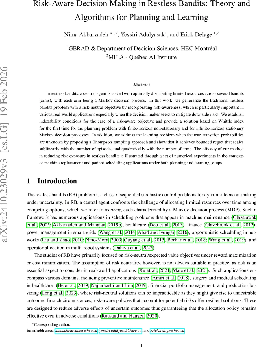 Risk-Aware Decision Making in Restless Bandits: Theory and Algorithms for Planning and Learning