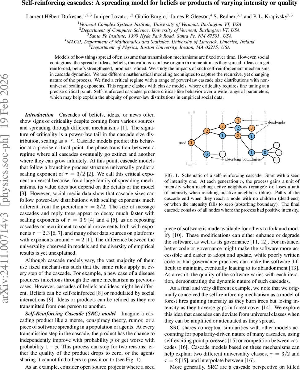 Self-reinforcing cascades: A spreading model for beliefs or products of varying intensity or quality