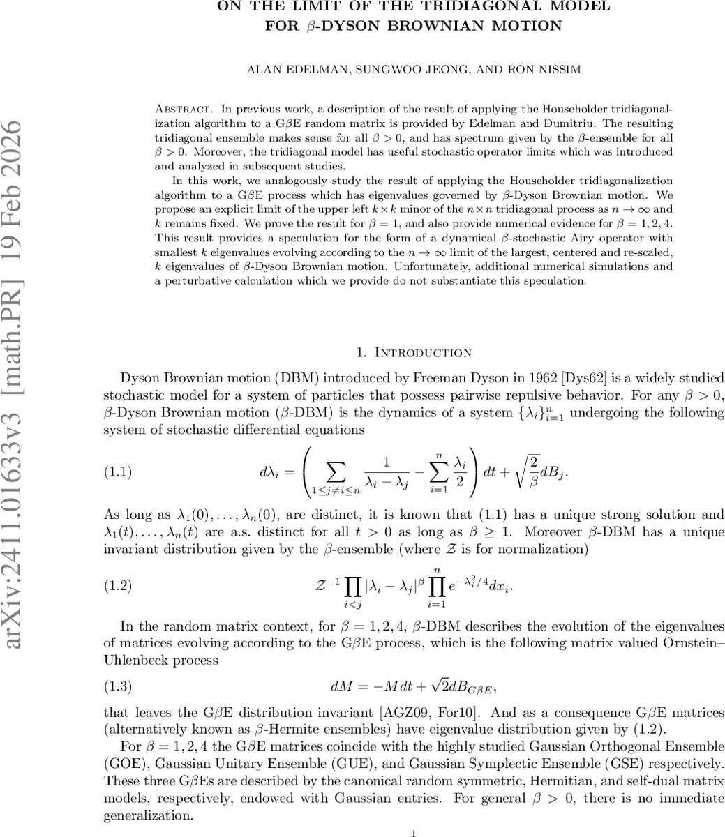 On the Limit of the Tridiagonal Model for $β$-Dyson Brownian Motion