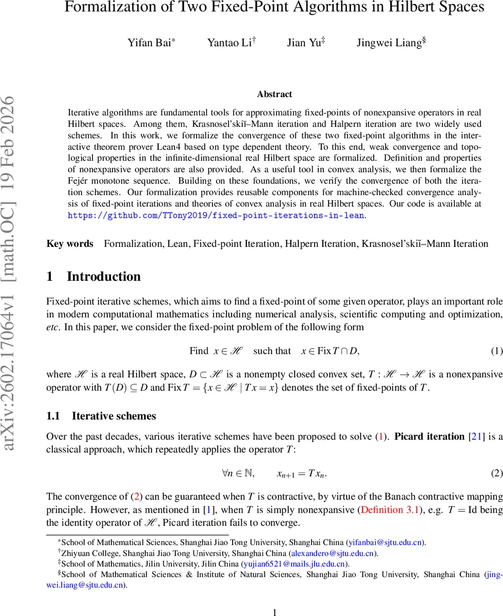 Formalization of Two Fixed-Point Algorithms in Hilbert Spaces