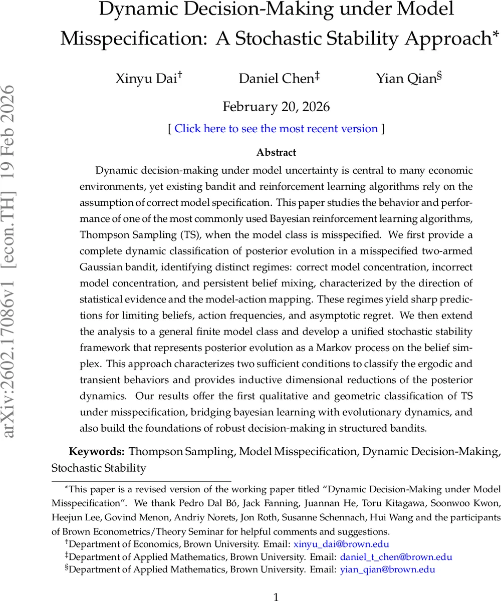 Dynamic Decision-Making under Model Misspecification: A Stochastic Stability Approach