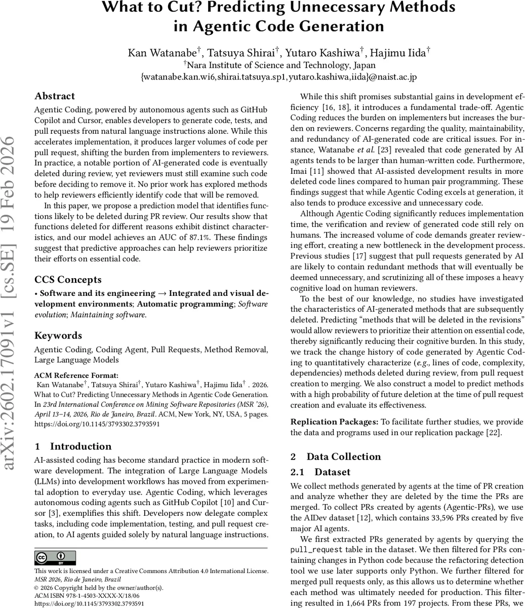 What to Cut? Predicting Unnecessary Methods in Agentic Code Generation
