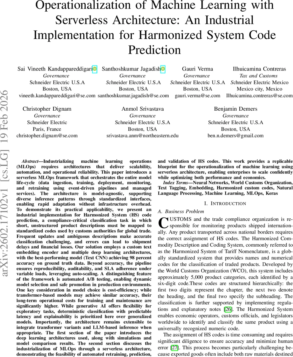 Operationalization of Machine Learning with Serverless Architecture: An Industrial Operationalization of Machine Learning with Serverless Architecture: An Industrial Implementation for Harmonized System Code Prediction
