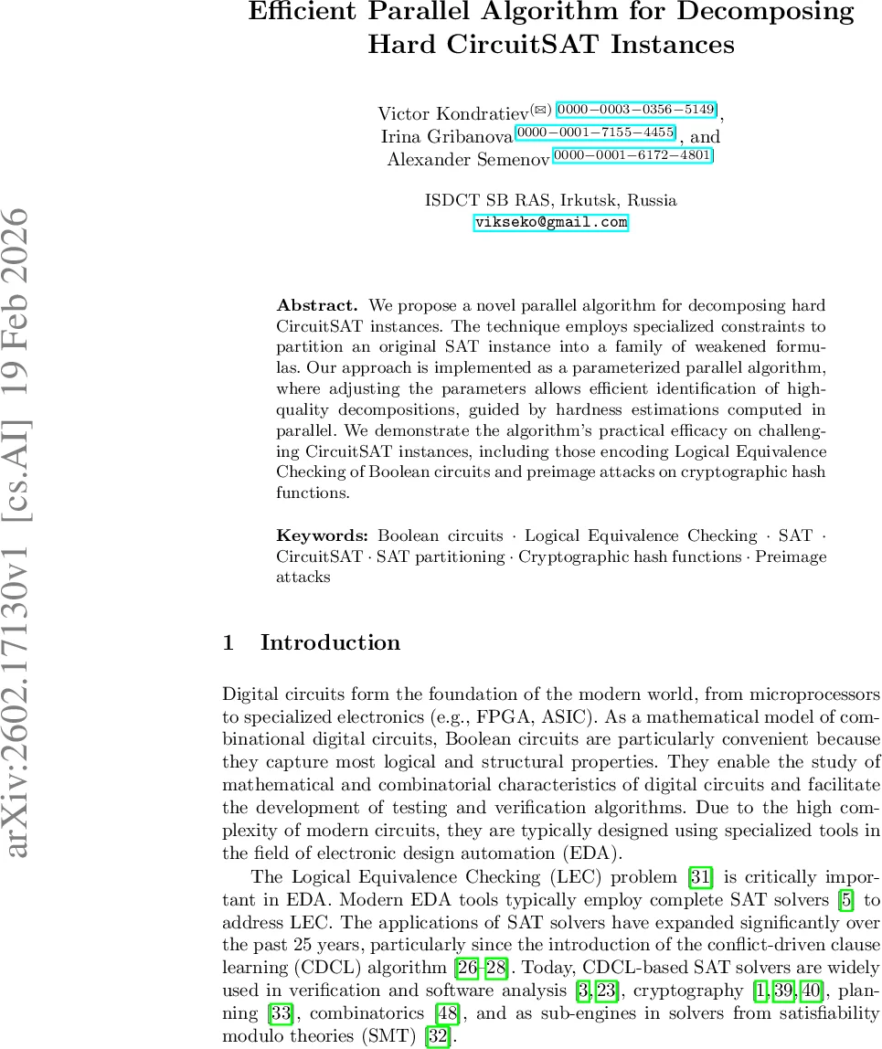 Efficient Parallel Algorithm for Decomposing Hard CircuitSAT Instances