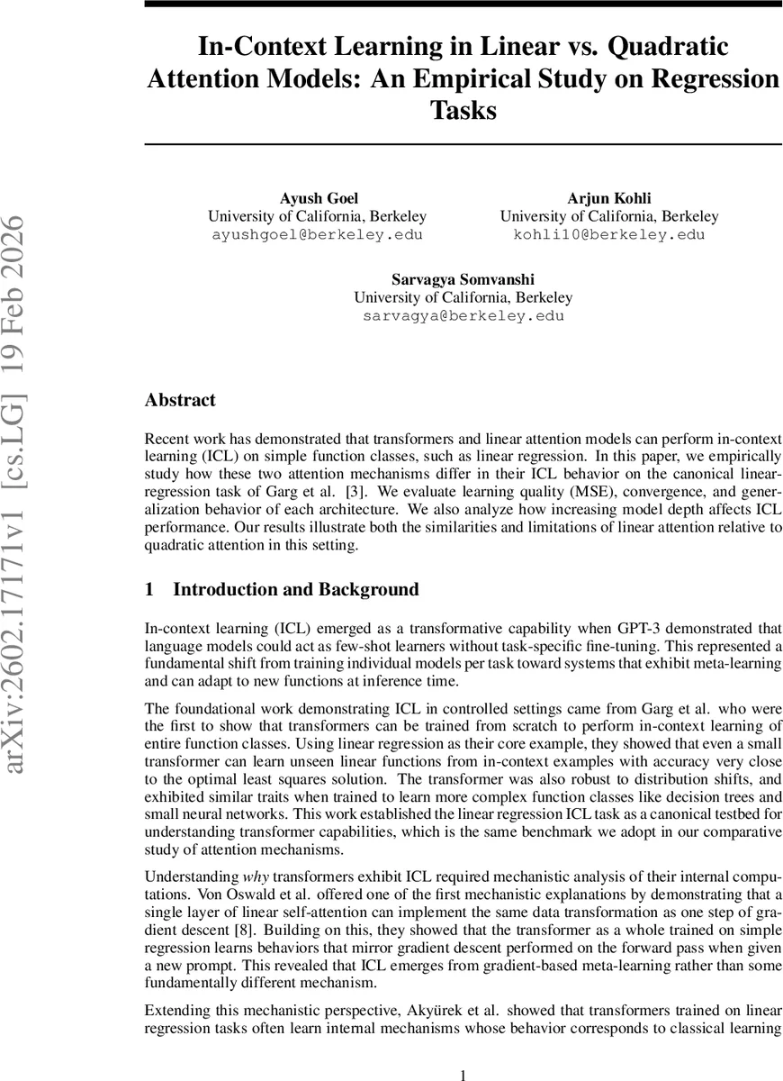 In-Context Learning in Linear vs. Quadratic Attention Models: An Empirical Study on Regression Tasks