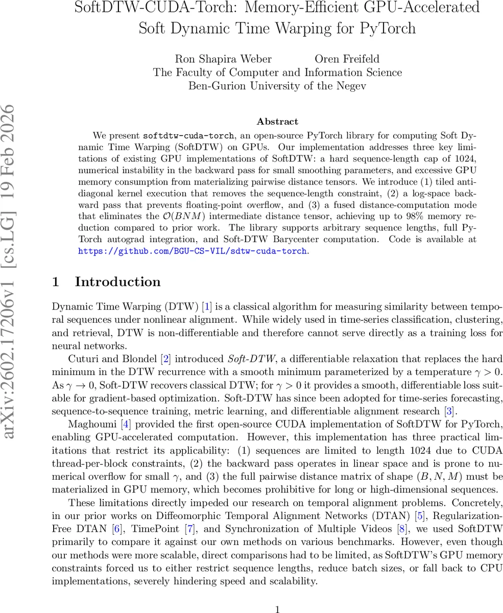 SoftDTW-CUDA-Torch: Memory-Efficient GPU-Accelerated Soft Dynamic Time Warping for PyTorch