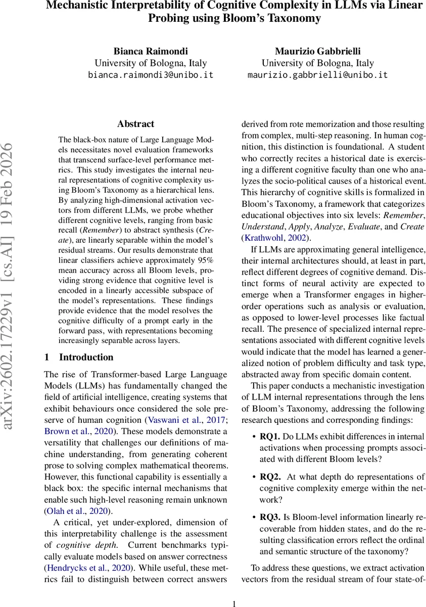 Mechanistic Interpretability of Cognitive Complexity in LLMs via Linear Probing using Bloom's Taxonomy