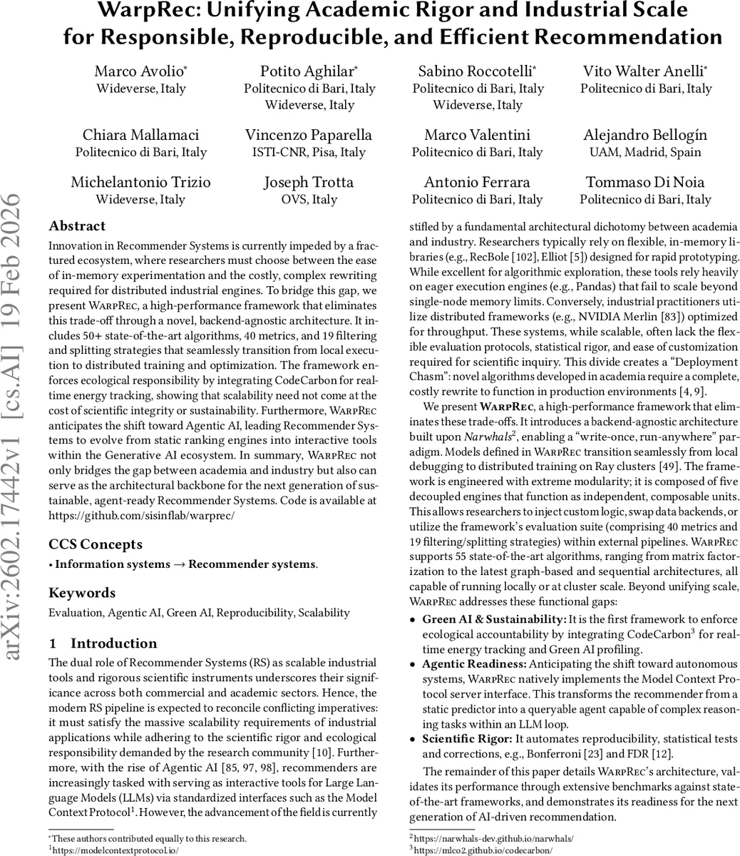 WarpRec: Unifying Academic Rigor and Industrial Scale for Responsible, Reproducible, and Efficient Recommendation
