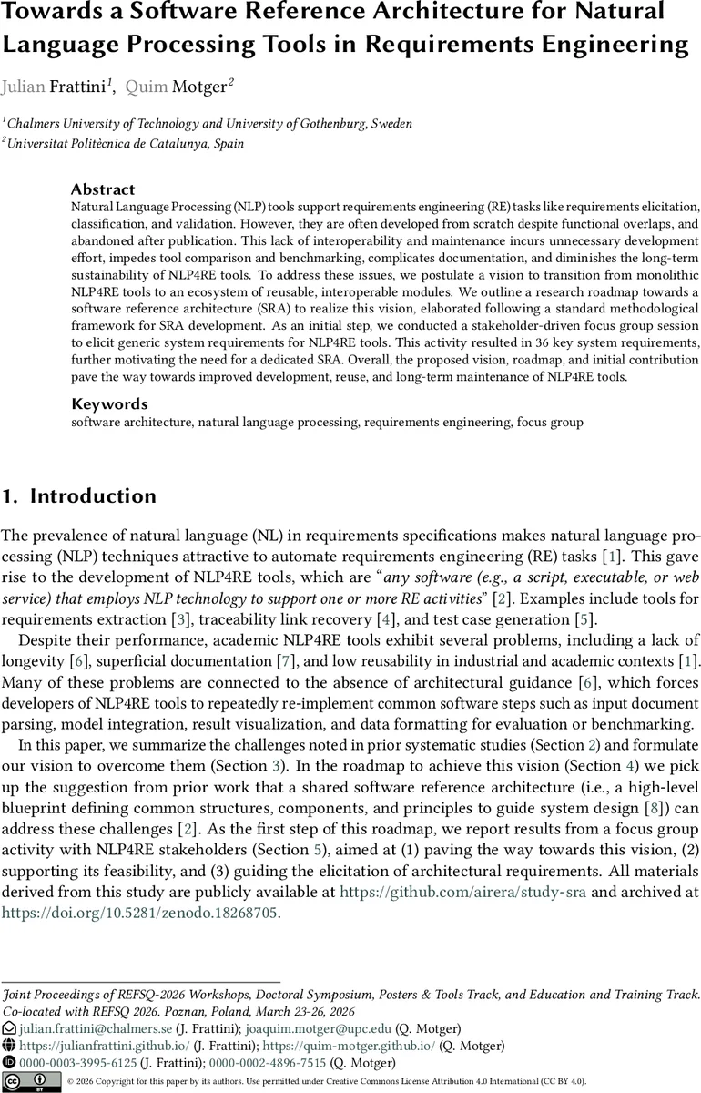 Towards a Software Reference Architecture for Natural Language Processing Tools in Requirements Engineering