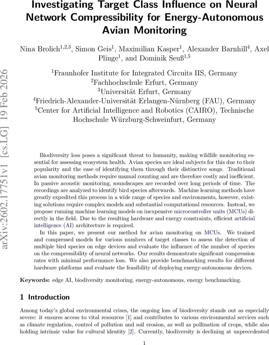 Investigating Target Class Influence on Neural Network Compressibility for Energy-Autonomous Avian Monitoring