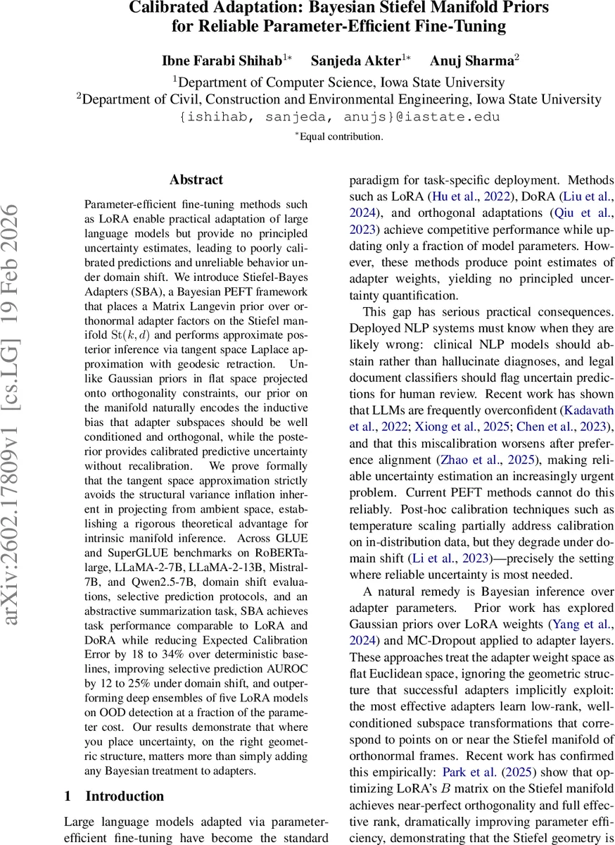 Calibrated Adaptation: Bayesian Stiefel Manifold Priors for Reliable Parameter-Efficient Fine-Tuning