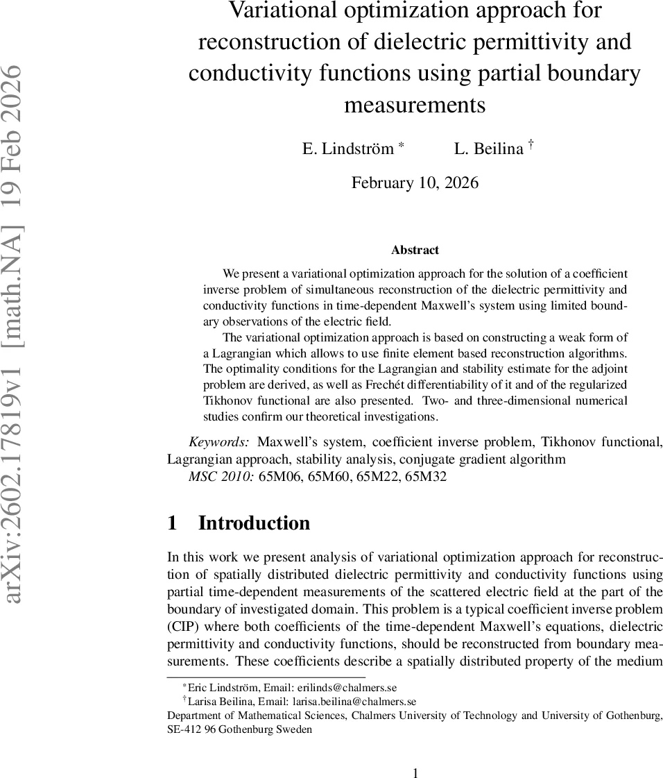 Variational optimization approach for reconstruction of dielectric permittivity and conductivity functions using partial boundary measurements