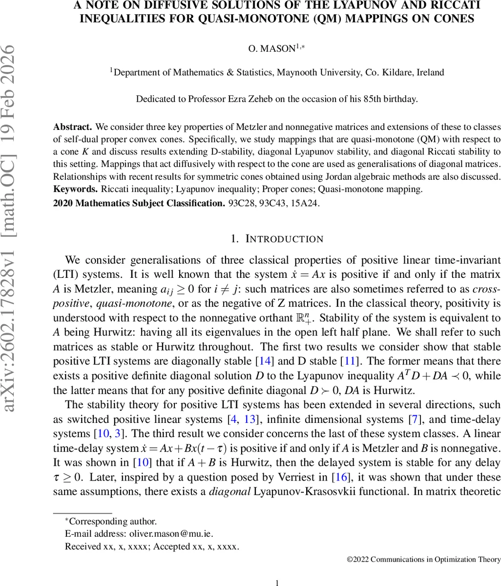 A note on diffusive solutions of the Lyapunov and Riccati inequalities for quasi-monotone (QM) mappings on cones